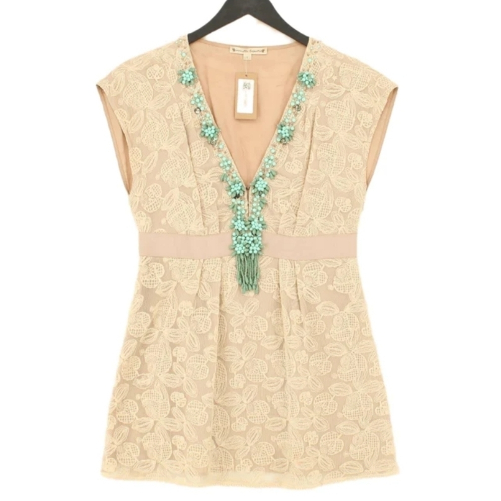 NWOT NANETTE LEPORE Cream Beaded Cotton + Lace Empire Blouse Tunic Top Size 12